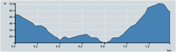 Ascent : 61m　　Descent : 61m　　Max : 71m　　Min : 10m<br><p class='smallfont'>The accuracy of elevation is +/-30m