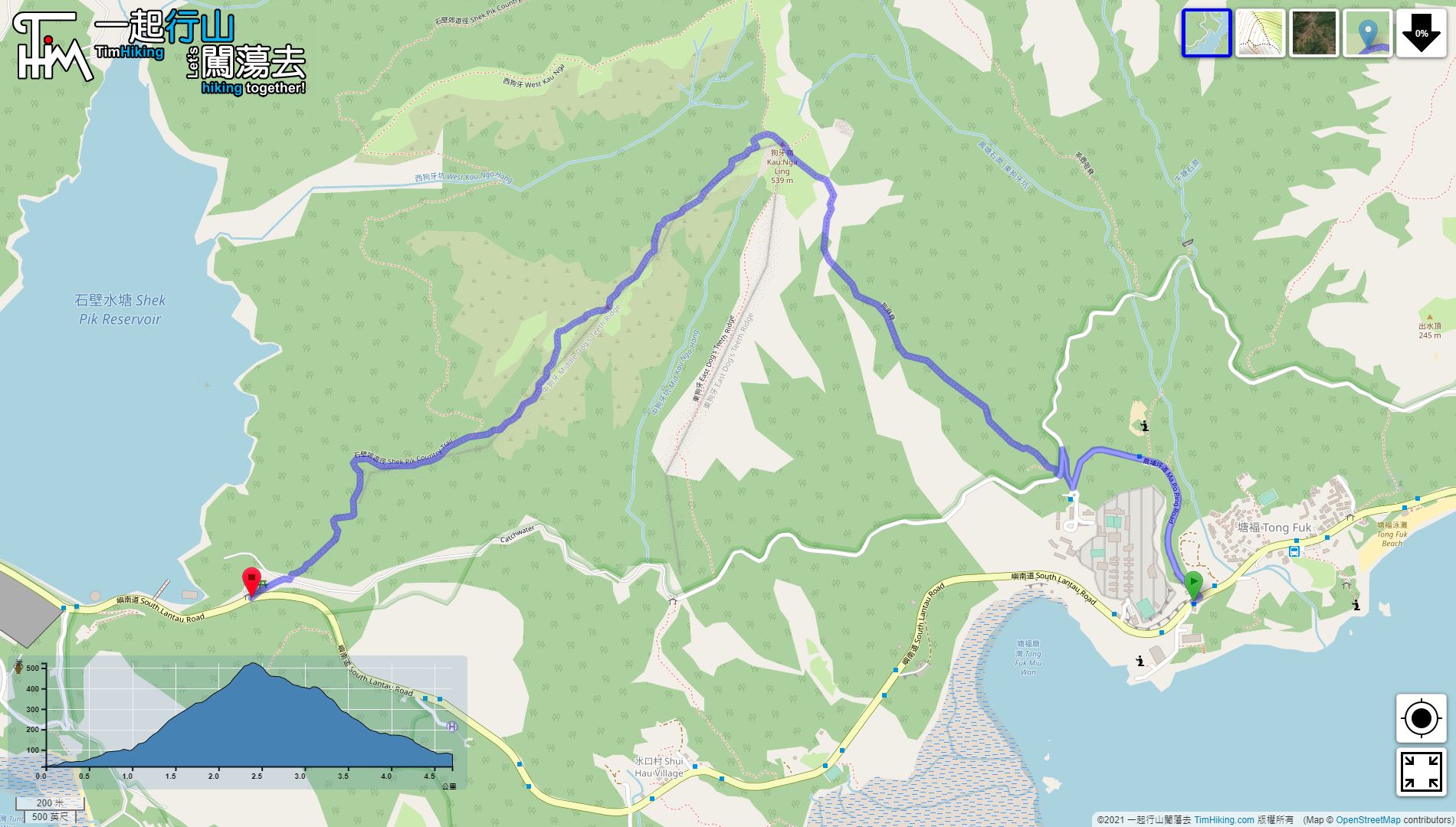 「Kau Ma Ridge, Chung Kau Nga Ridge」路線Map