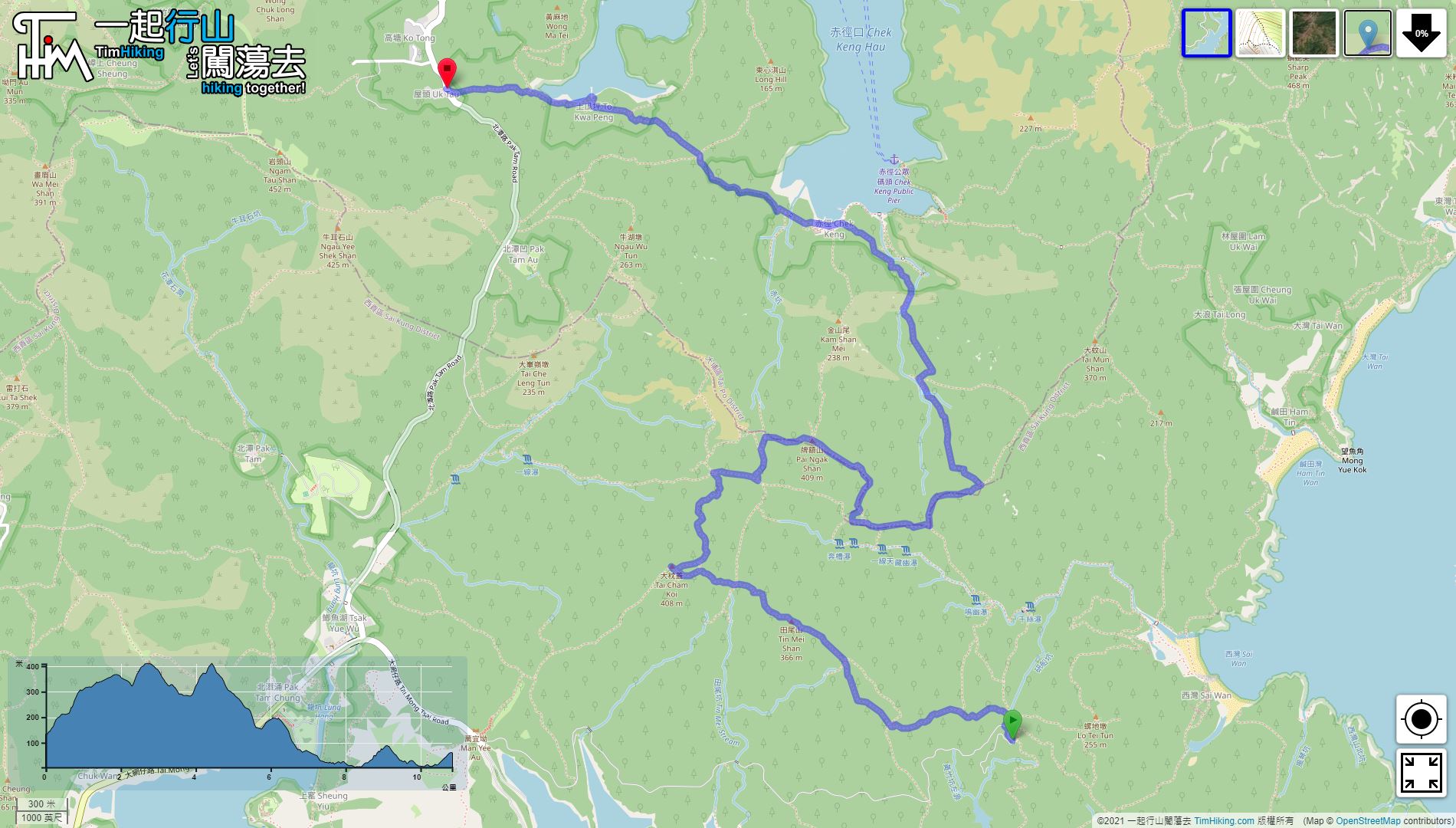 「Tin Mei Shan, Tai Cham Koi, Pai Ngak Shan」路線Map