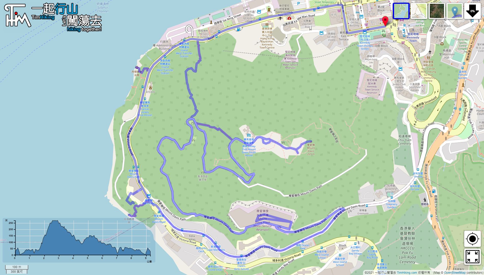 「Mount Davis, Sai Wan Swimming Shed, Sandy Bay Swimming Shed」路線Map