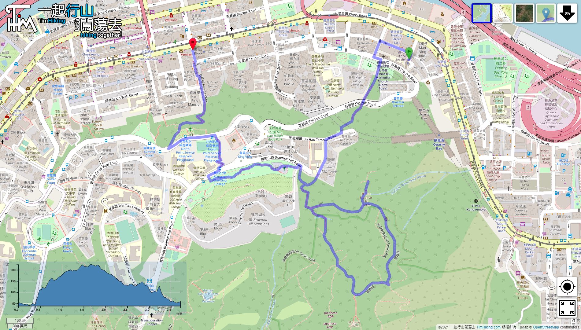 「Braemar Hill, Po Luen Path, Aroma Walk」路線Map
