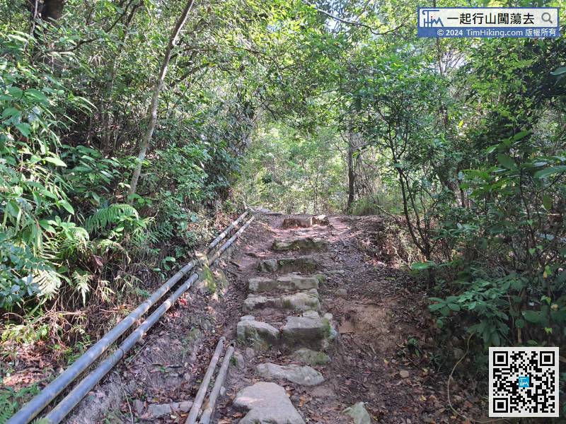 The mountain trail start with big stone steps,