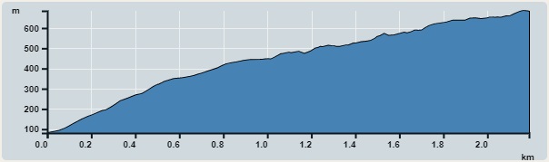 Ascent : 604m　　Descent : 604m　　Max : 685m　　Min : 81m<br><p class='smallfont'>The accuracy of elevation is +/-30m