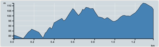 Ascent : 36m　　Descent : 36m　　Max : 113m　　Min : 77m<br><p class='smallfont'>The accuracy of elevation is +/-30m