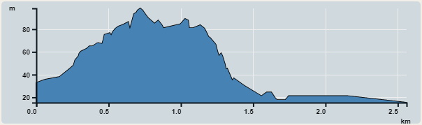 Ascent : 83m　　Descent : 83m　　Max : 98m　　Min : 15m<br><p class='smallfont'>The accuracy of elevation is +/-30m