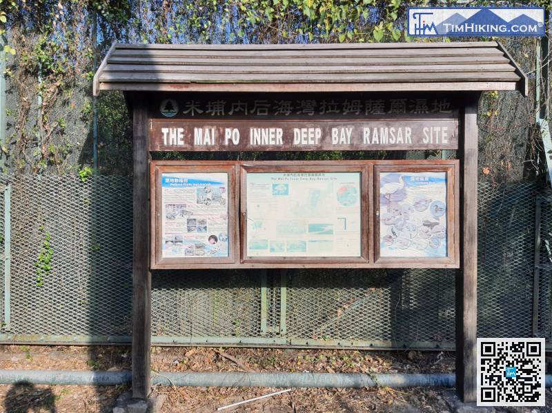 There is a large bulletin board nearby. The surrounding areas belong to the Mai Po Inner Deep Bay Ramsar Site.