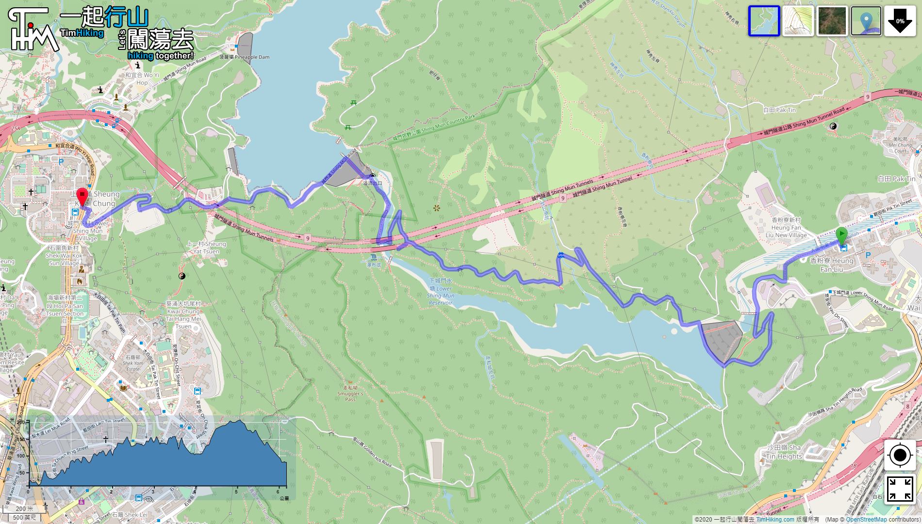 「Lower Shing Mun Reservoir (Upper Road)」路線Map