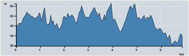 Ascent : 22m　　Descent : 53m　　Max : 62m　　Min : 19m<br><p class='smallfont'>The accuracy of elevation is +/-30m